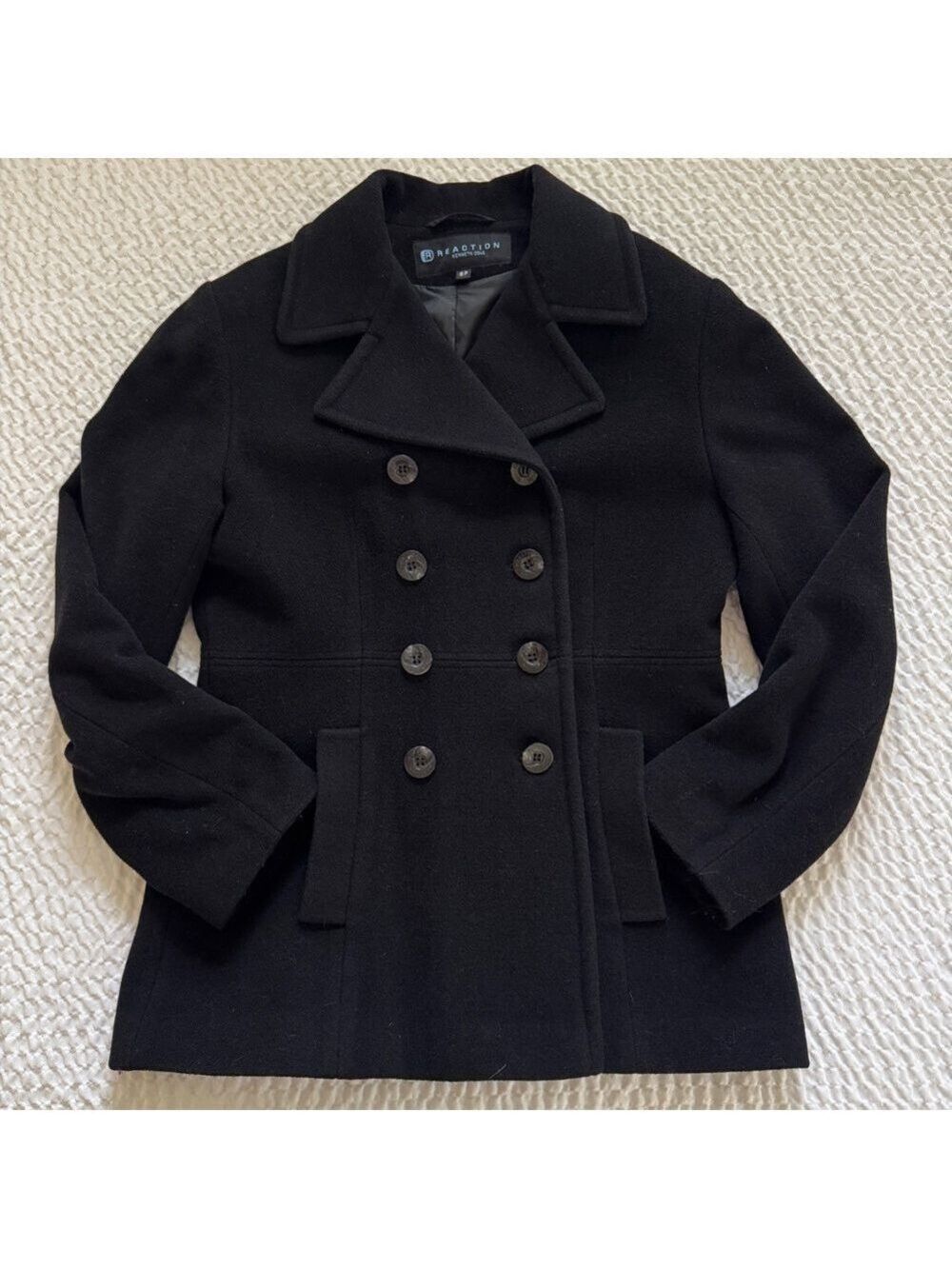 Kenneth Cole Reaction 100% Wool Black Double-Breasted Pea Coat, Size 6P